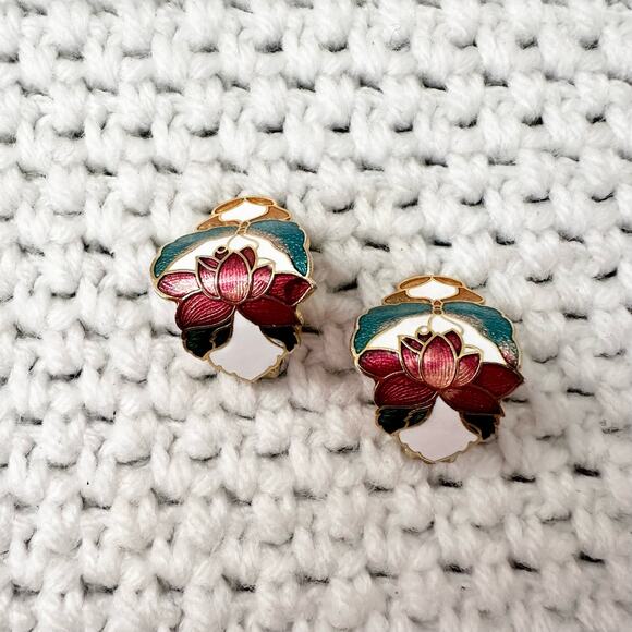 Vintage Gold Tone Red Lotus Flower Angel Woman Cloisonne Clip On Earrings - Picture 1 of 3